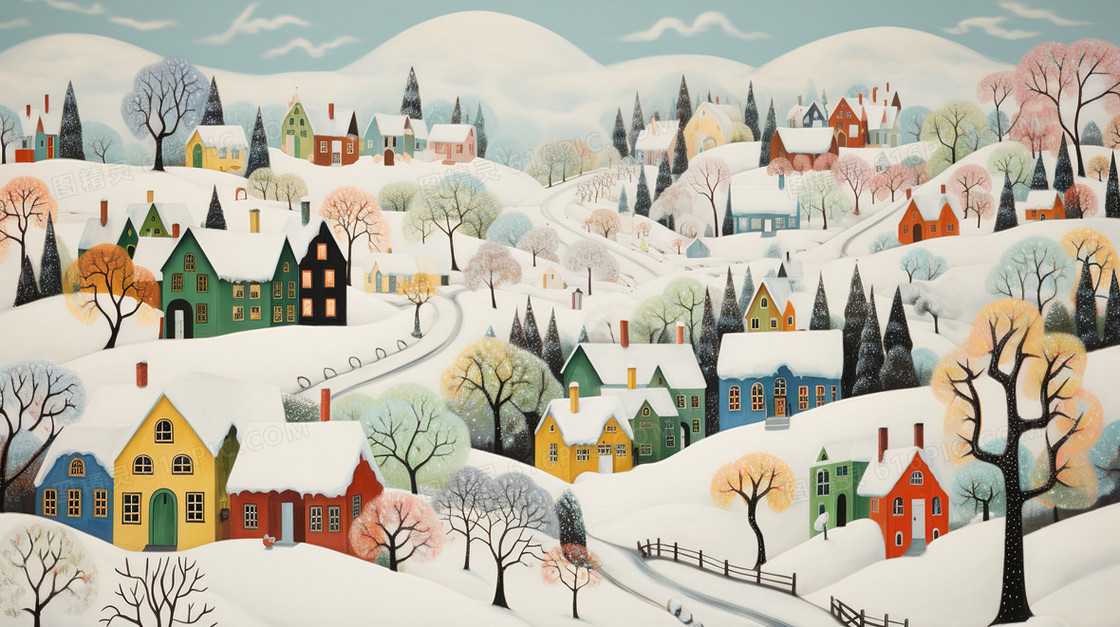 冬日雪地里的城市建筑风景插画