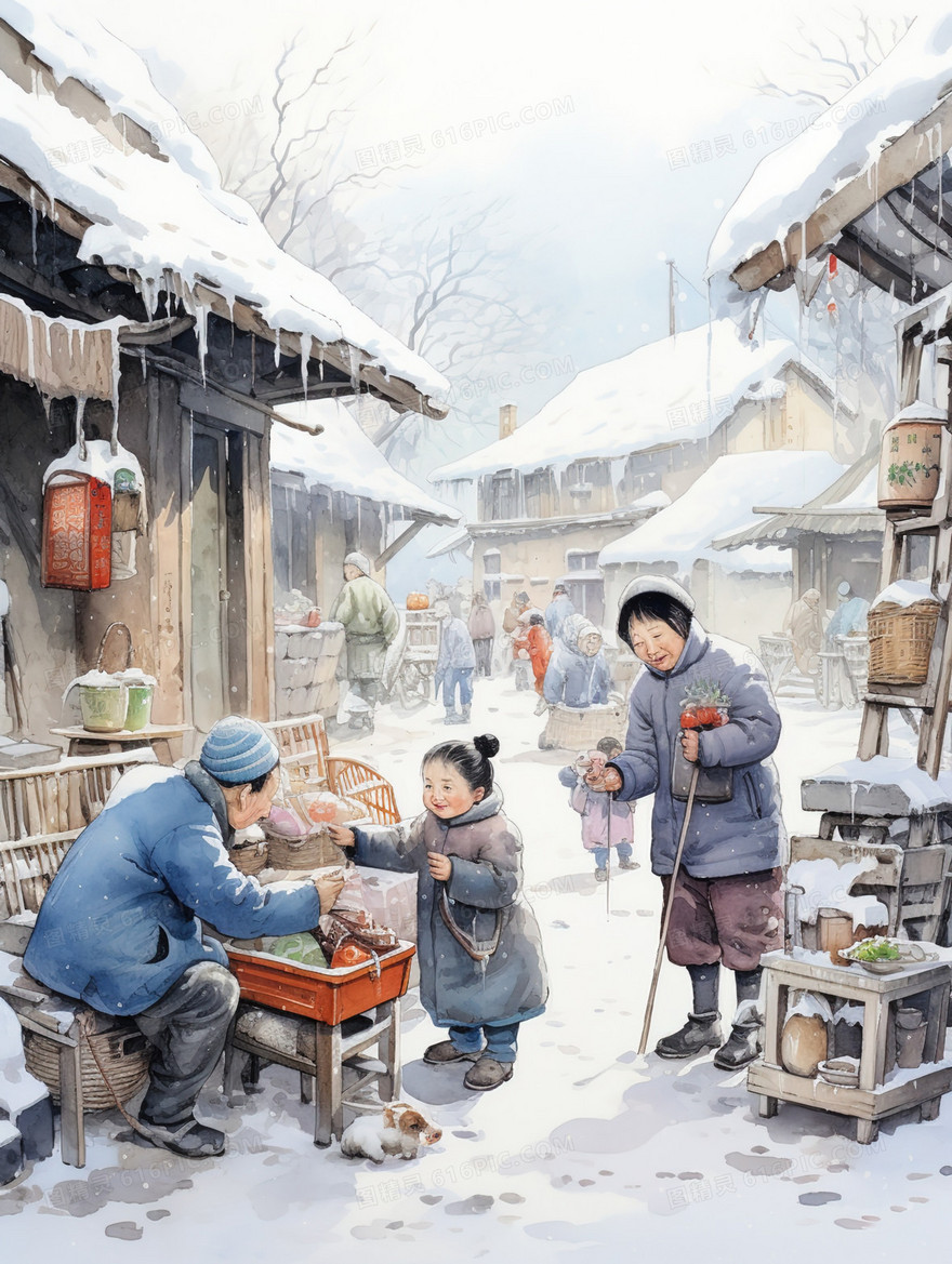 村庄里商铺赶集建筑风景插画
