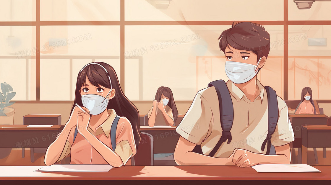 课室课桌前戴着口罩的两个学生插画