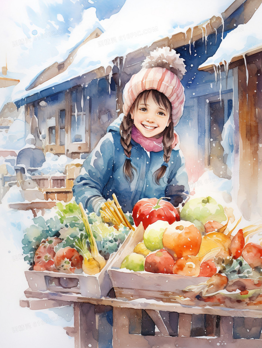 冬日下雪天水果摊位旁的女孩插画