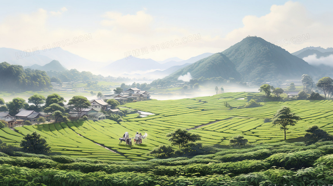 春天绿色葱郁的茶山风景插画