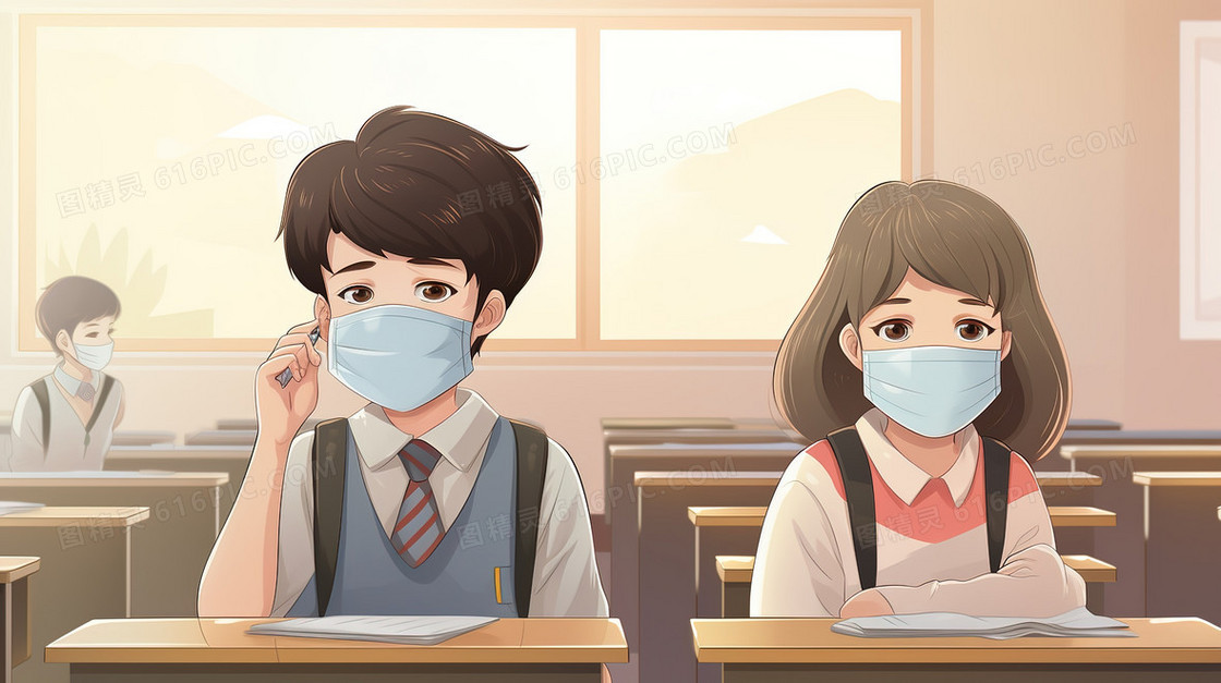 课室课桌前戴着口罩的两个学生插画