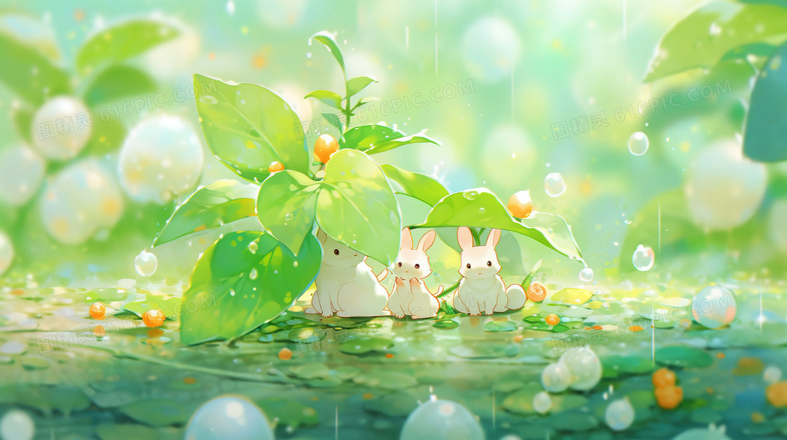 雨天里树叶花朵中的小精灵唯美插画