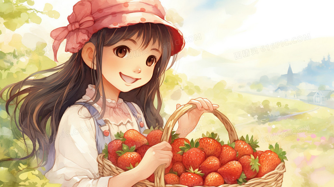 提着新鲜草莓的可爱小女孩插画