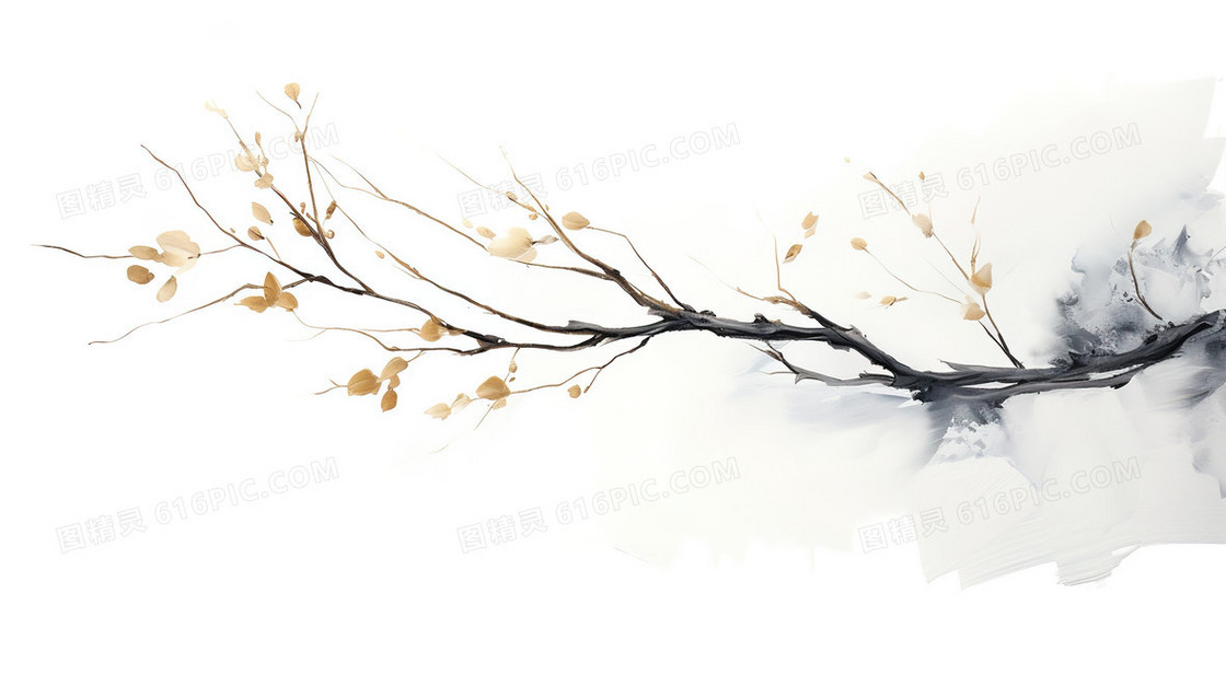一枝挂着枯叶的树枝油画插画