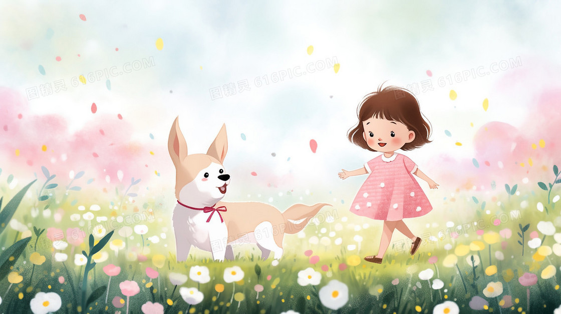 在草地上玩耍的女孩和小动物唯美风景插画