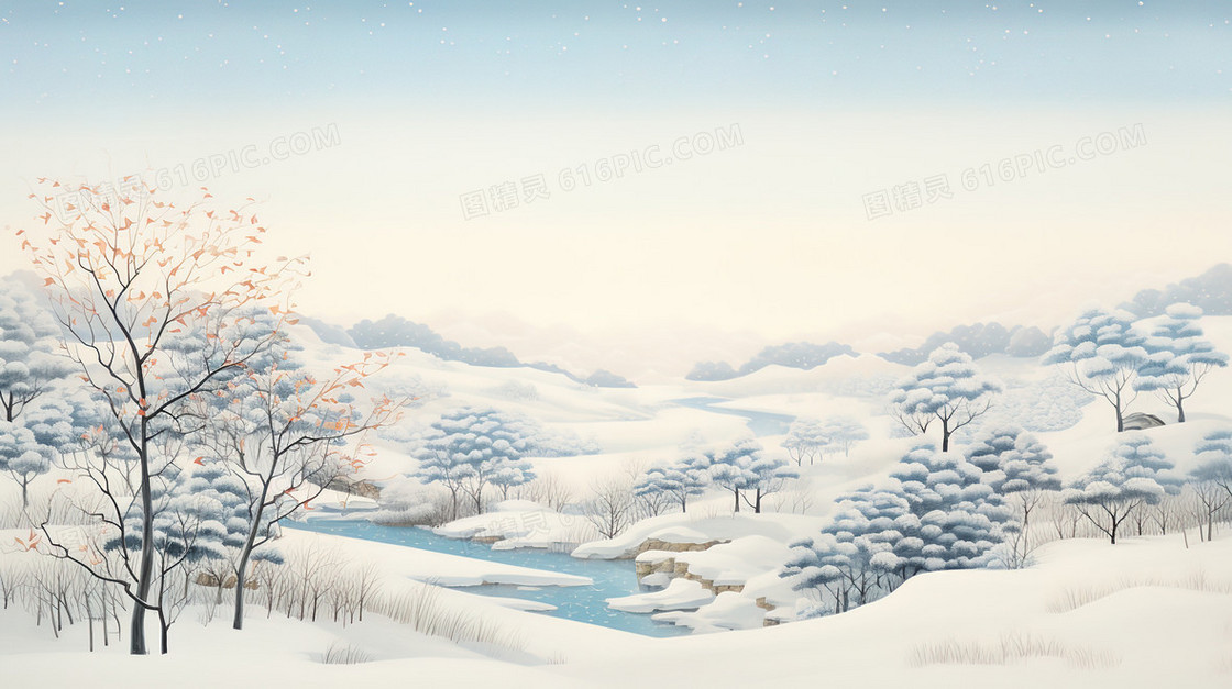 冬季山林雪地插画