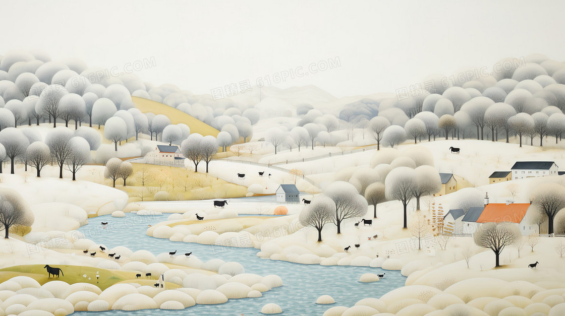 冬季山林里的小乡村插画