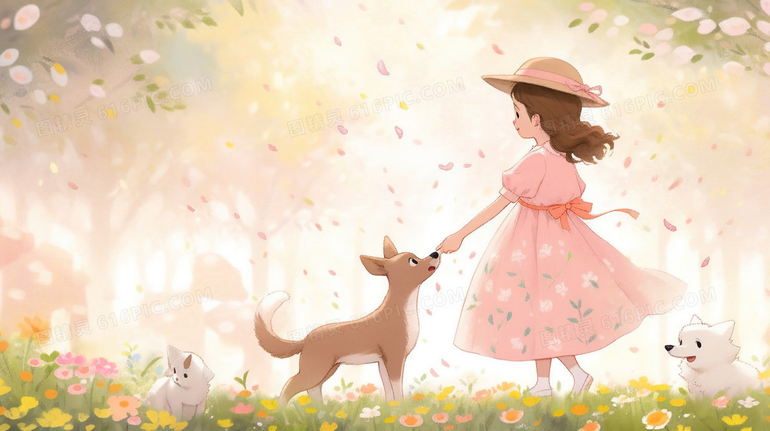 在草地上玩耍的女孩和小动物唯美风景插画