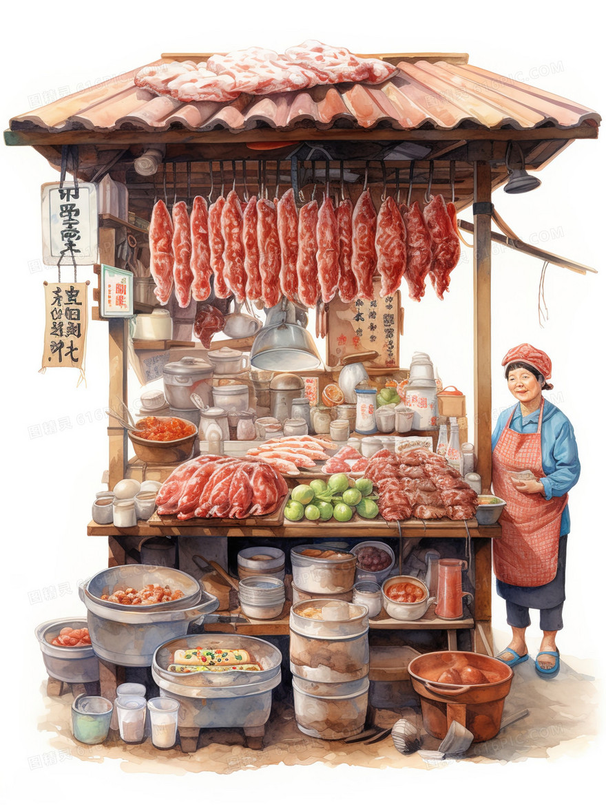 一位中年妇女在杂货摊里卖腊肉插画