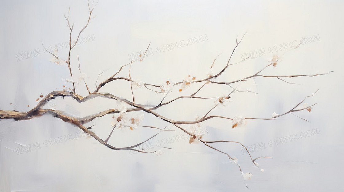 一枝挂着枯叶的树枝油画插画