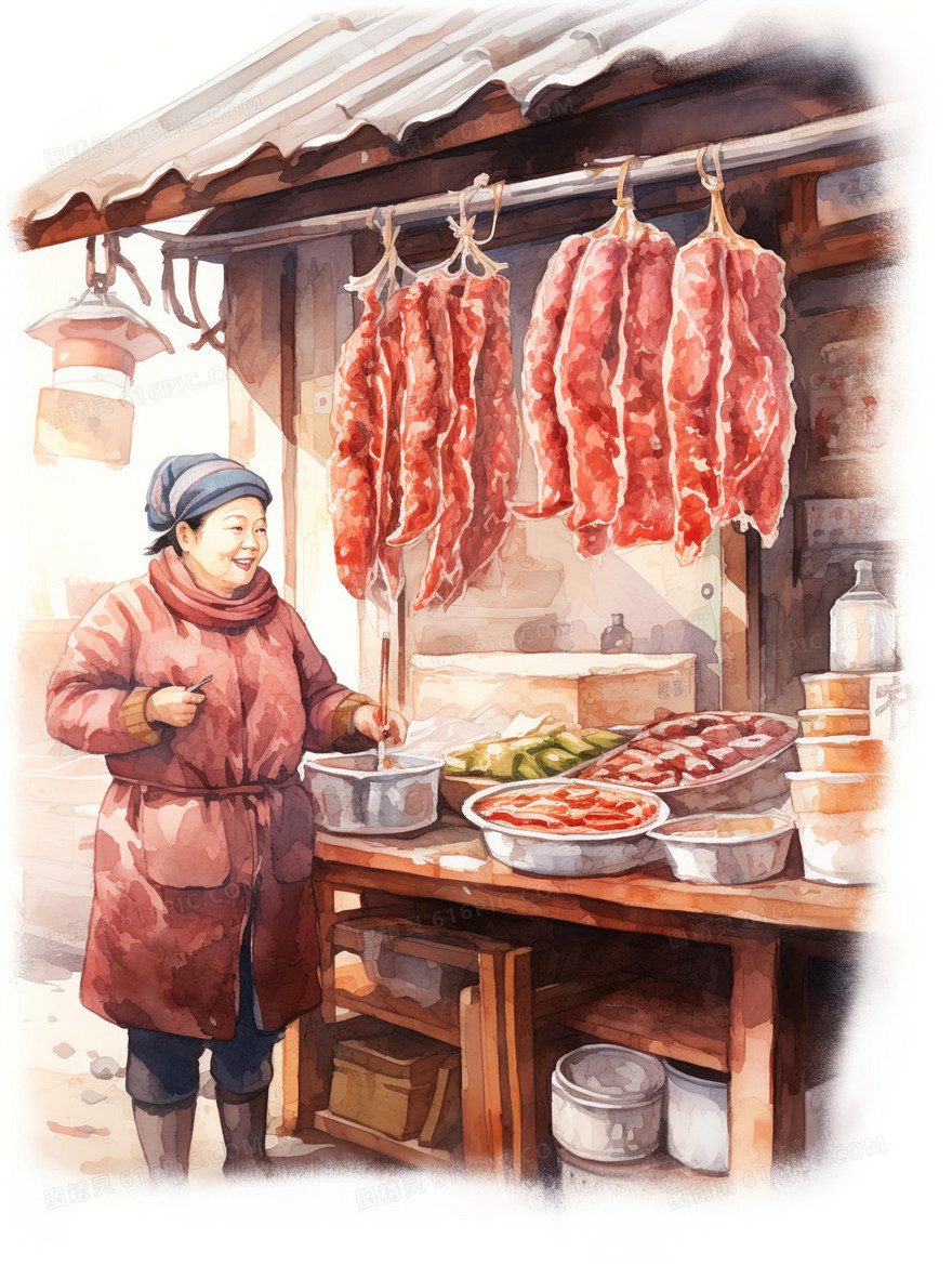 一位中年妇女在杂货摊里卖腊肉插画