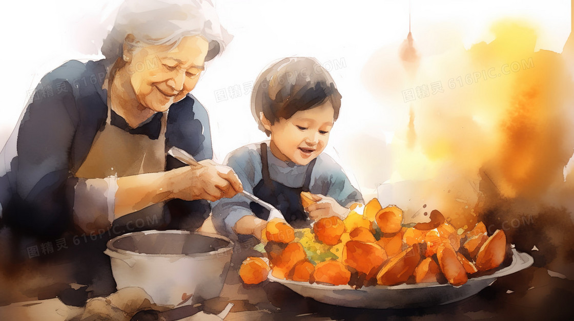 祖母与孙子一起制作烤红薯插画