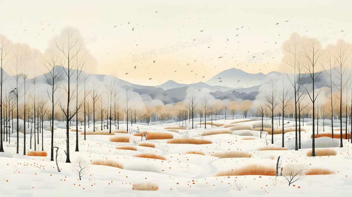 冬季山林雪地插画
