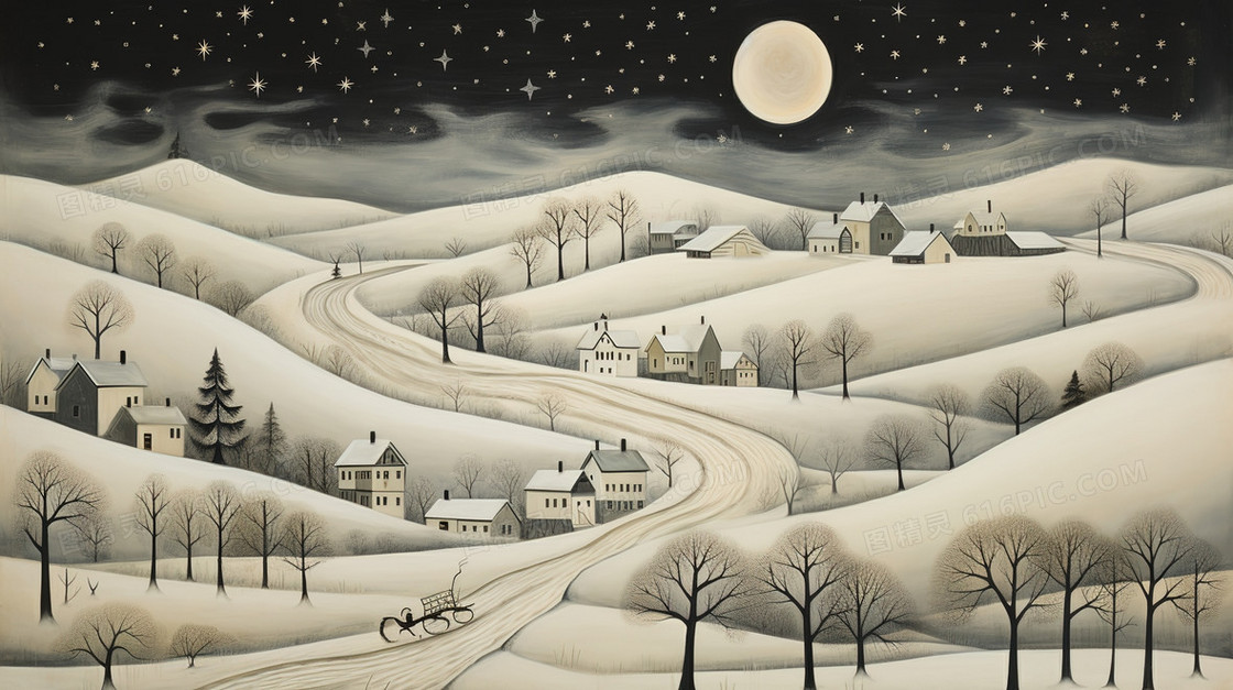冬天圆月夜空下的山林小村庄插画