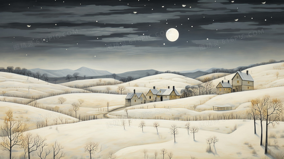 冬天圆月夜空下的山林小村庄插画