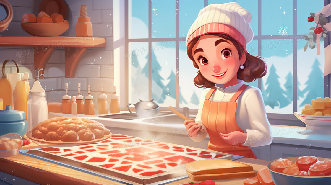 冬季厨房里烹饪美食的女士插画