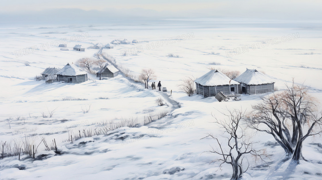 鸟瞰积雪覆盖的雪地平原上的小房子插画