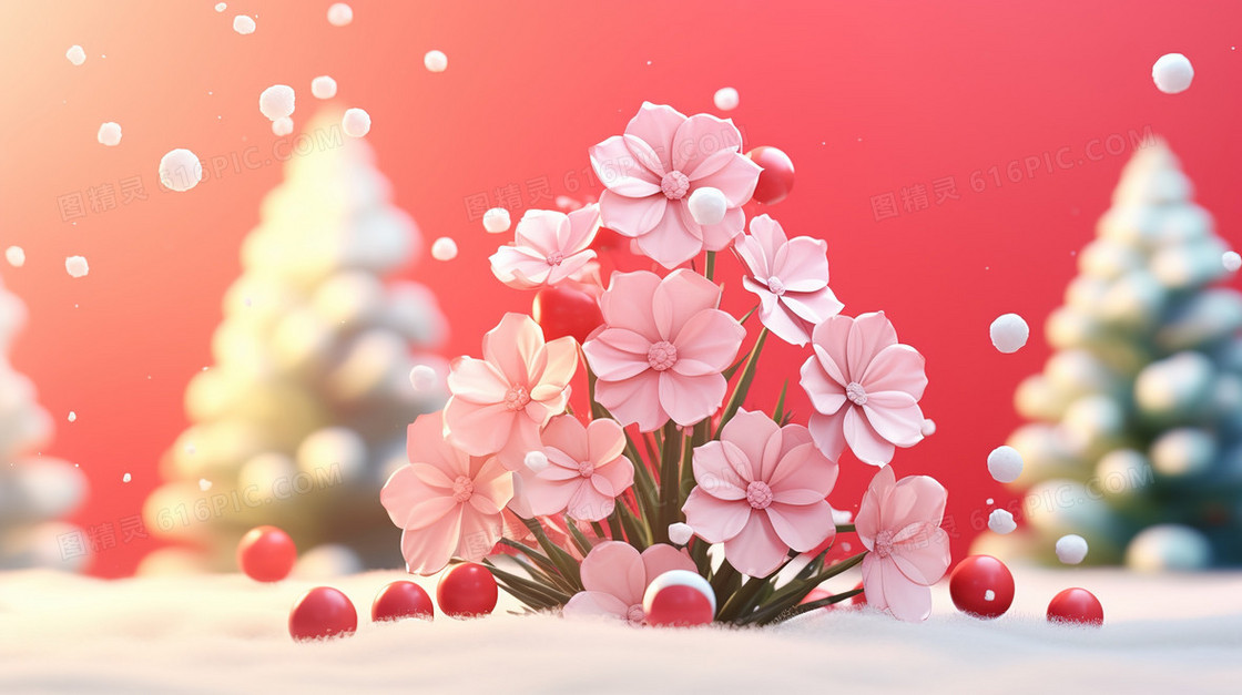 冬天雪地里的小花树插画