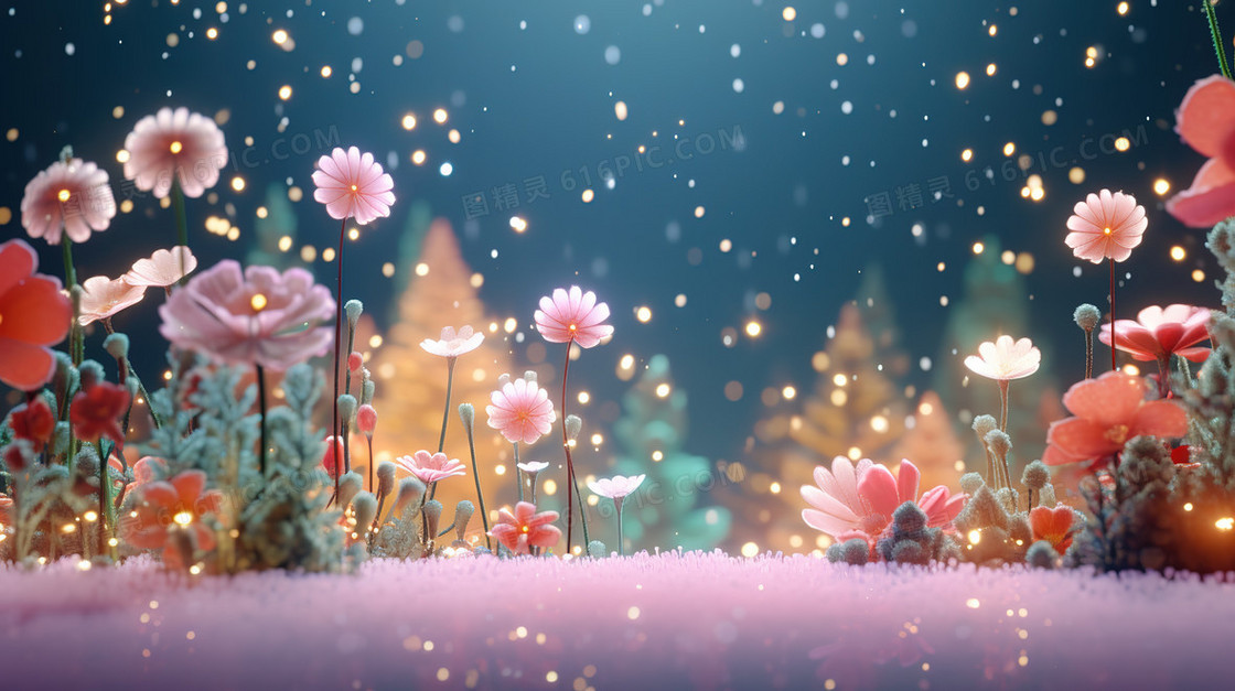 冬日雪地里的花海风景插画