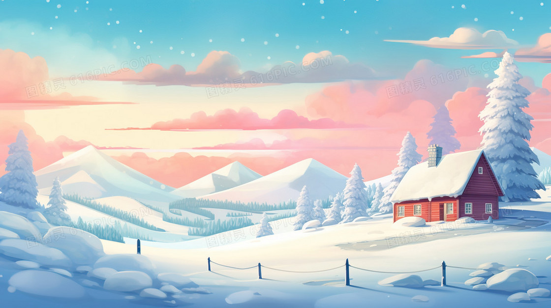 冬天雪地平原上的小房子插画