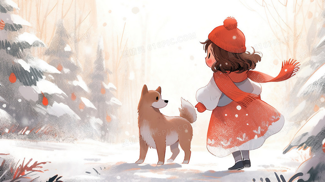 冬天雪地里的小女孩和宠物狗插画