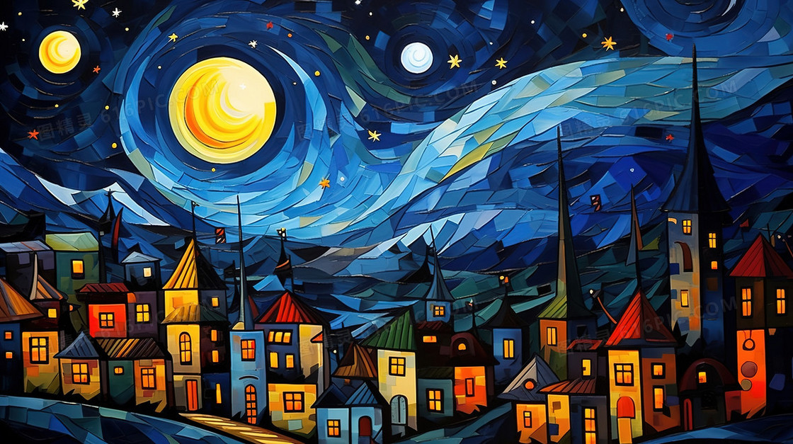 梵高画风繁荣的大城市夜景插画