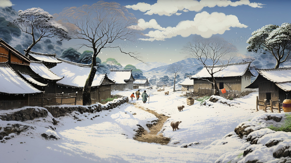 冬日村庄农舍生活雪景插画