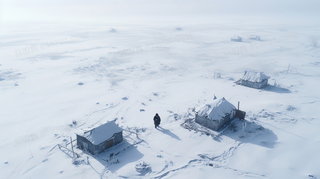 鸟瞰积雪覆盖的雪地平原上的小房子插画