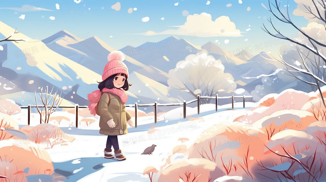 冬季山野雪地里的小女孩插画