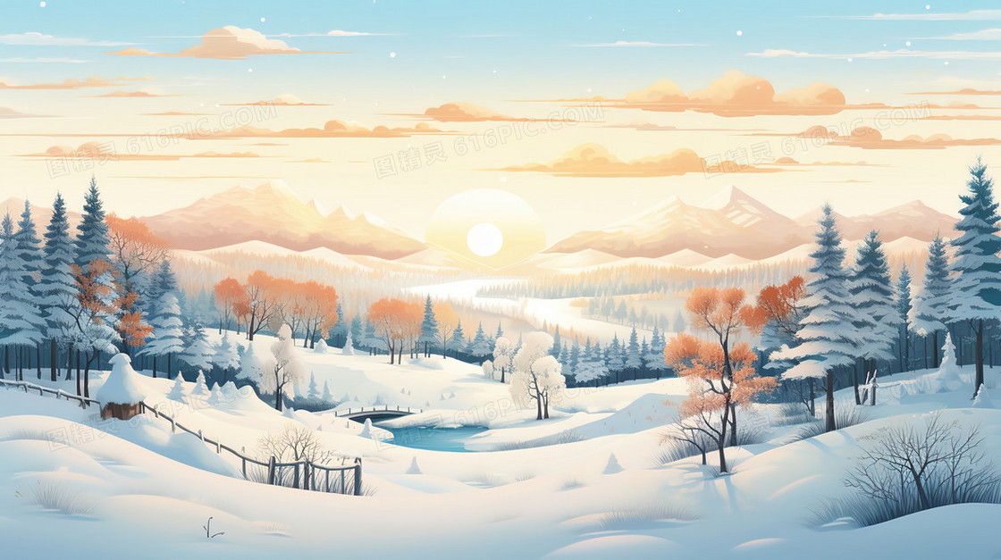冬天山林雪地里的房屋插画