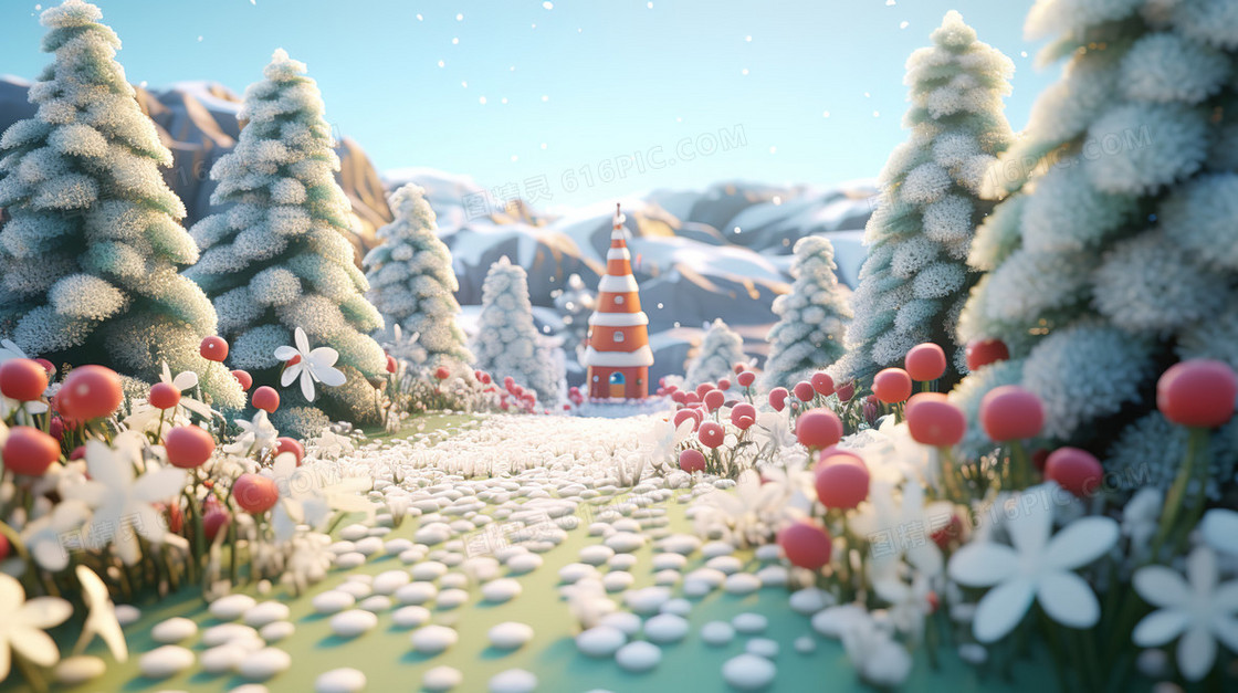 冬日雪地里的圣诞树风景插画