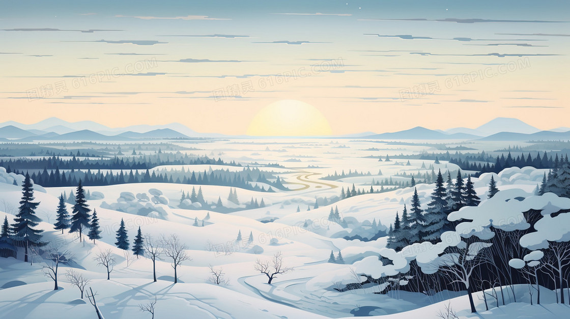 冬季山林雪地上的日出插画
