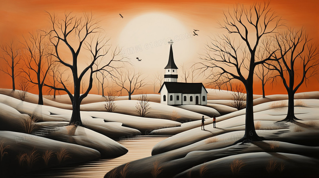 黄昏山林雪地上的一座教堂插画