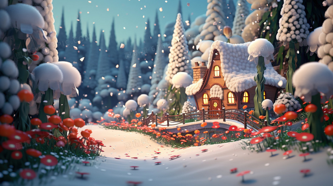 冬日雪地里的圣诞树风景插画