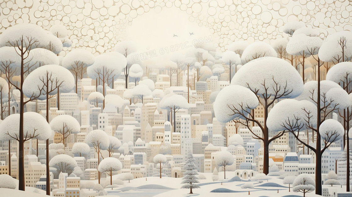 冬天的城市的高楼大厦和树木雪景插画