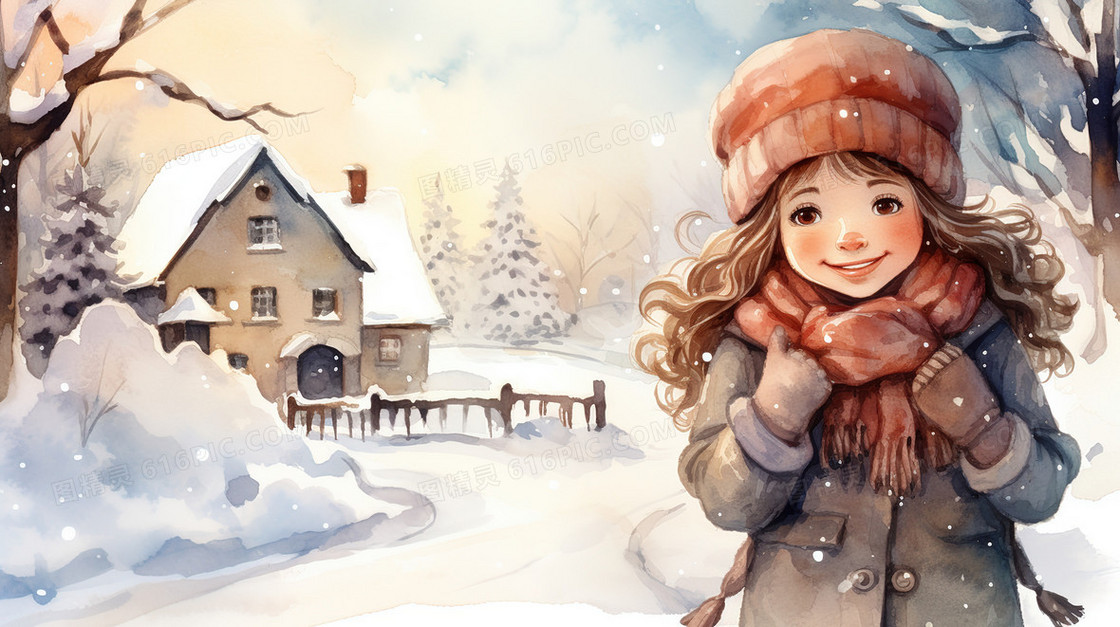 冬季村庄雪地里的小女孩插画