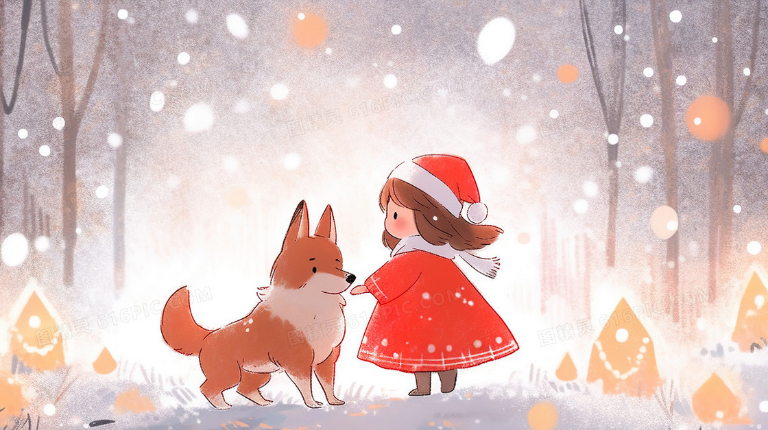 冬天雪地里的小女孩和宠物狗插画