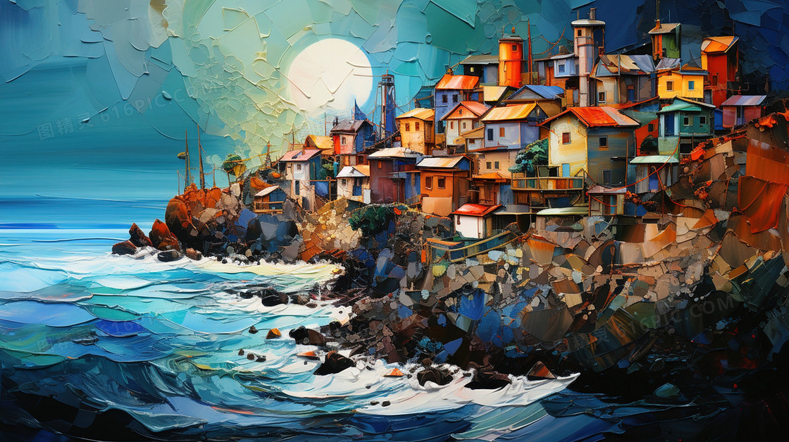波涛汹涌的岩石海岸上的城镇插画