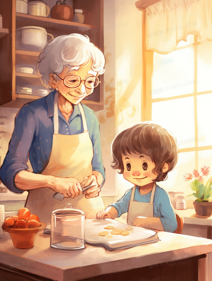 厨房里一起制作美食祖母和孩子插画