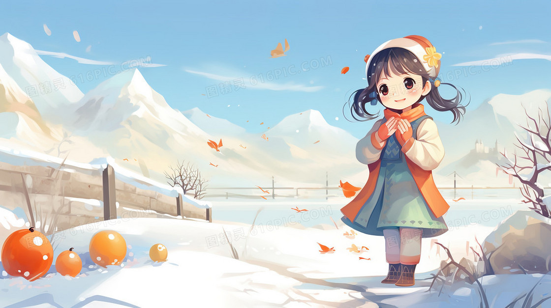 冬季山野雪地里的小女孩插画