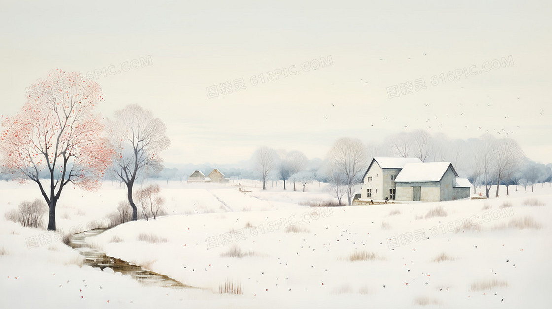 冬天山林雪地里的房屋插画