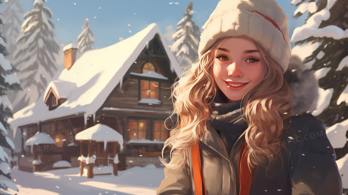 被雪覆盖的小木屋前的漂亮女生插画