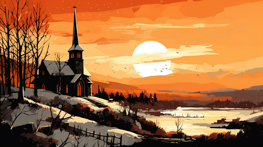 黄昏山林雪地上的一座教堂插画