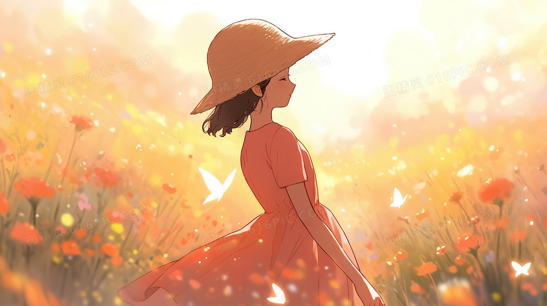春天花海中戴帽子的女孩插画