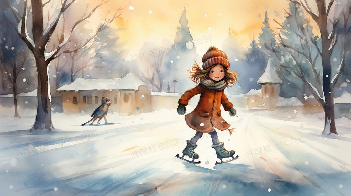 冬季村庄雪地里的小女孩插画