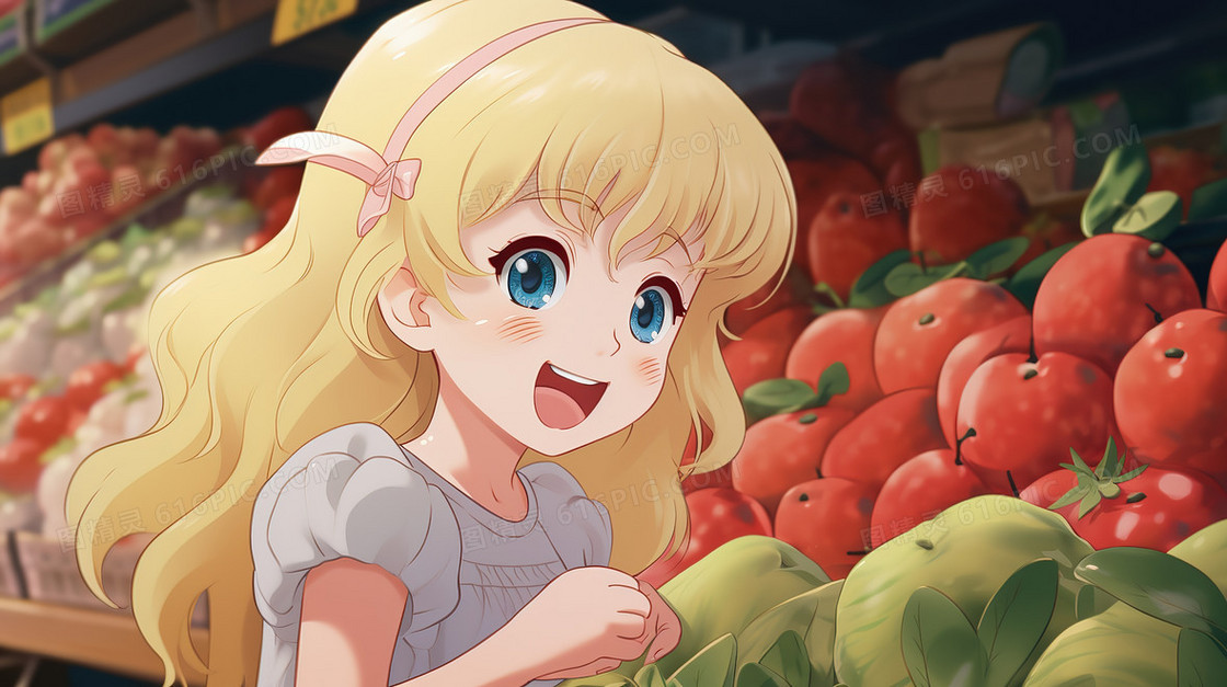 一个金发的小女孩快乐地选购水果插画