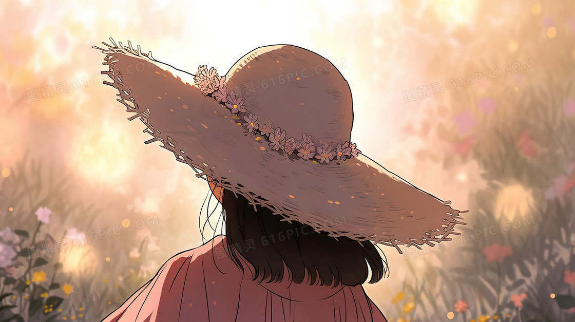 春天花海中戴帽子的女孩插画