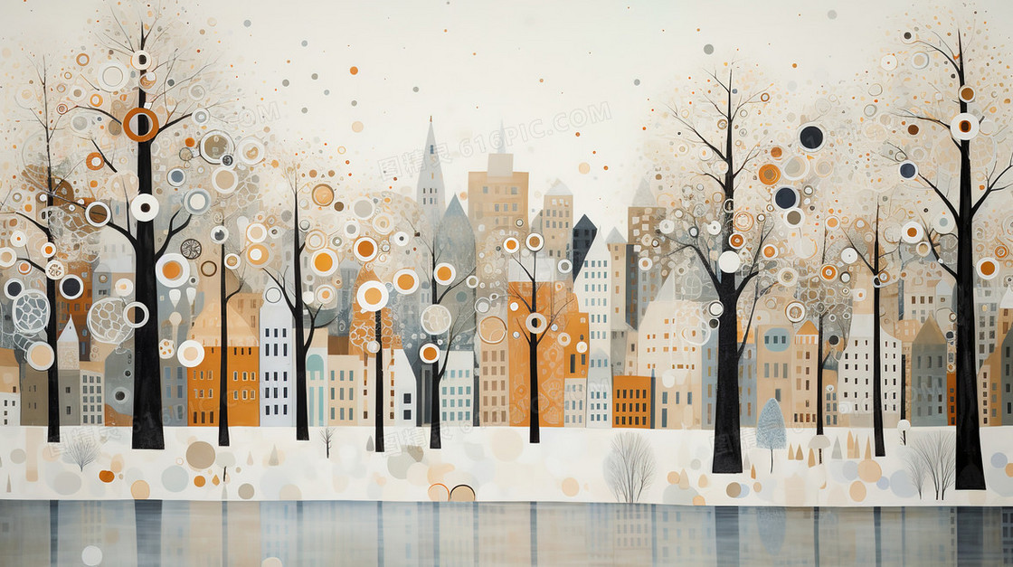 冬天的城市的高楼大厦和树木雪景插画
