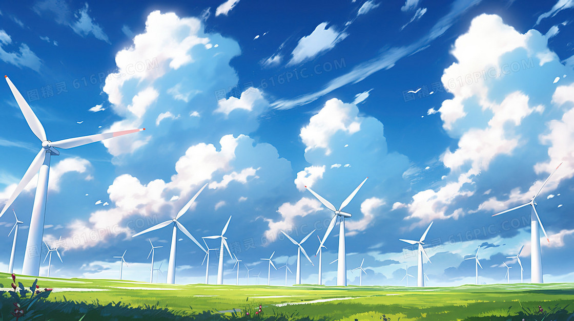 蓝天白云下的青青草原上的大风车插画